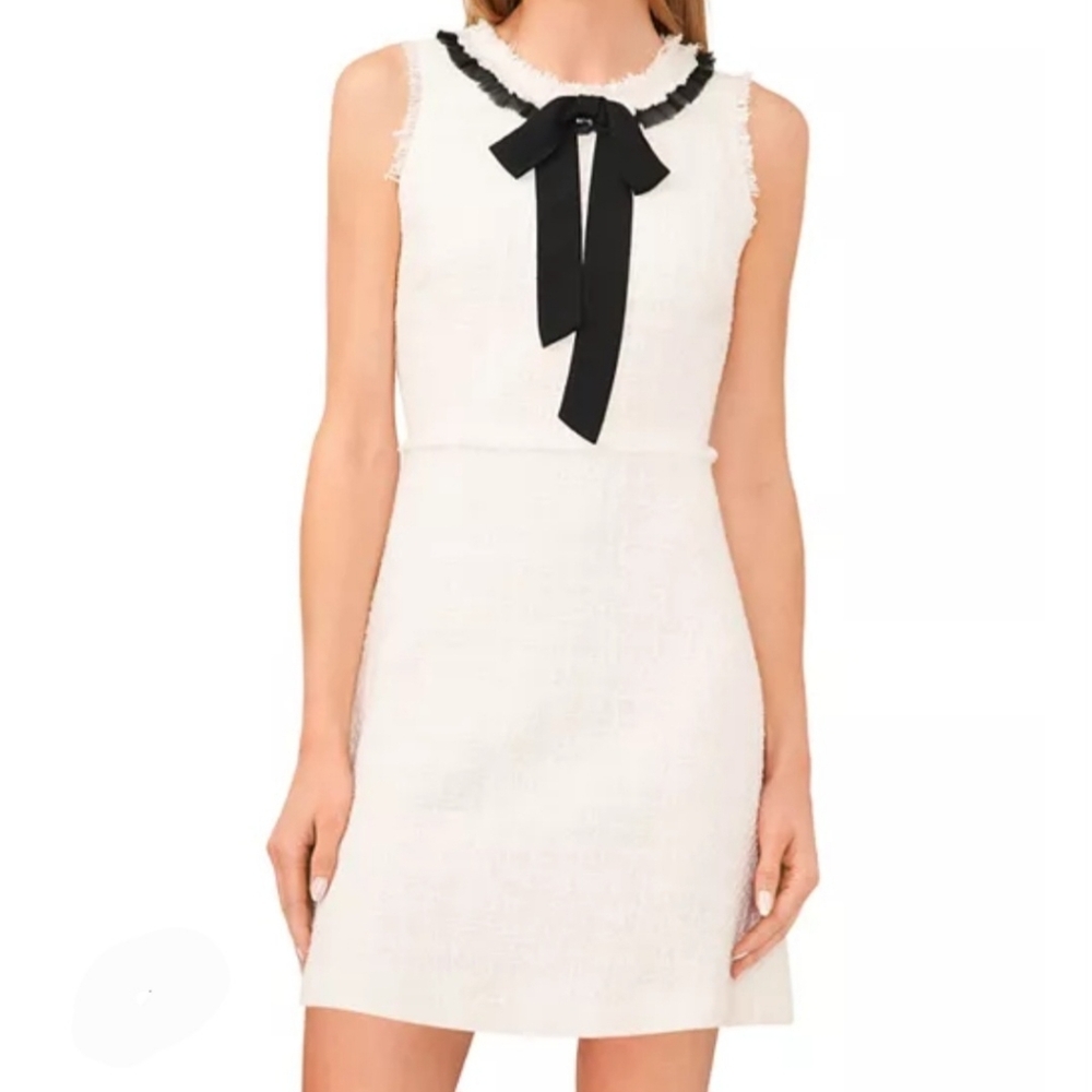 CeCe White Mini Dress Sz 6 M Tweed Sleeveless Black Bow Neck Tie Graduation